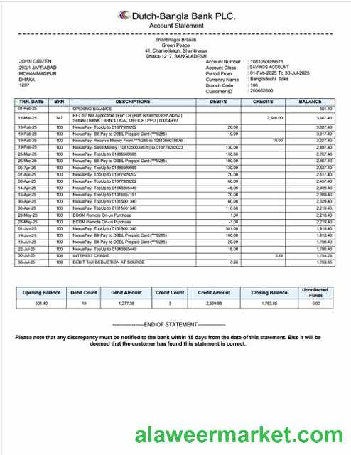Bangladesh Dutch Bangla Bank Limited account statement Word and PDF template